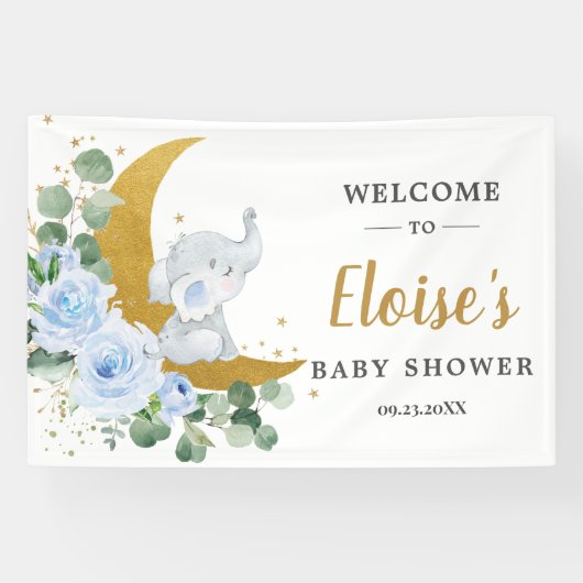 Chic Blue Floral Elephant Baby Dusche Hintergrund Banner (Horizontal)