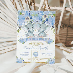 Chic Blue Floral Elephant Twins Baby Shower Boys Einladung