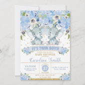 Chic Blue Floral Elephant Twins Baby Shower Boys Einladung (Vorderseite)