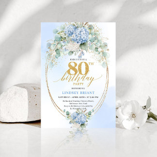 Chic Blue Floral Eucalyptus 80th Birthday Invite Einladung