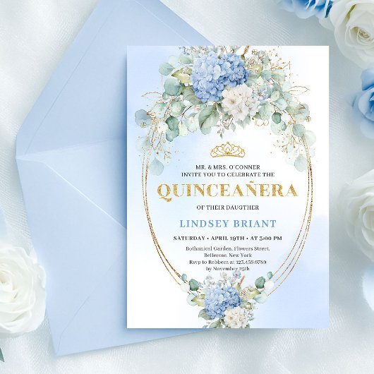 Chic Blue Floral Gold 15th Birthday Invitation Einladung