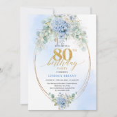 Chic Blue Floral Gold 80th Birthday Invitation Einladung (Vorderseite)