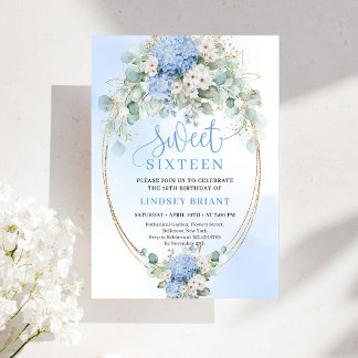 Chic Blue Floral Gold Sweet 16 Birthday Invitation Einladung
