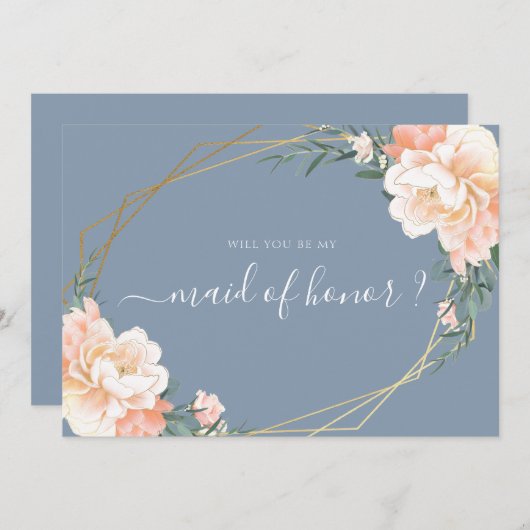 Chic Blue Floral Gold werden Sie meine Trauzeugin Einladung (Vorne/Hinten)