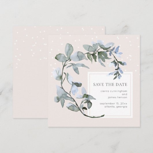 Chic Blue Floral Greenerity Wedding Save the Date (Vorne/Hinten)