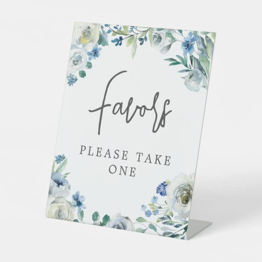 Chic Blue Floral Handgeschriebene Script-Gastgesch Sockelschild (Vorderseite)