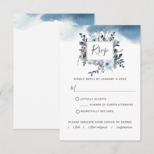 Chic Blue Floral mit/aus Mahlzeiten Wasserfarbe RSVP Karte (Vorne/Hinten)