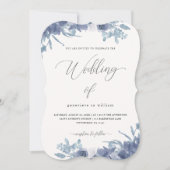 Chic Blue Floral mit Calligrafy Foto Wedding Einladung (Vorderseite)