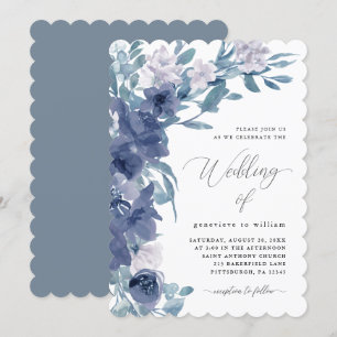 Chic Blue Floral mit Calligrafy Wedding Einladung