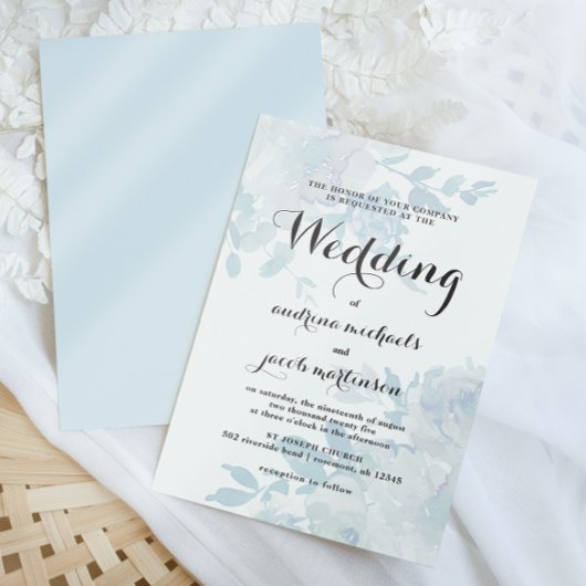 Chic Blue Floral mit Calligrafy Wedding Einladung