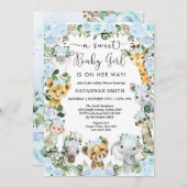 Chic Blue Floral Safari Tiere Girl Baby Dusche Einladung (Vorne/Hinten)
