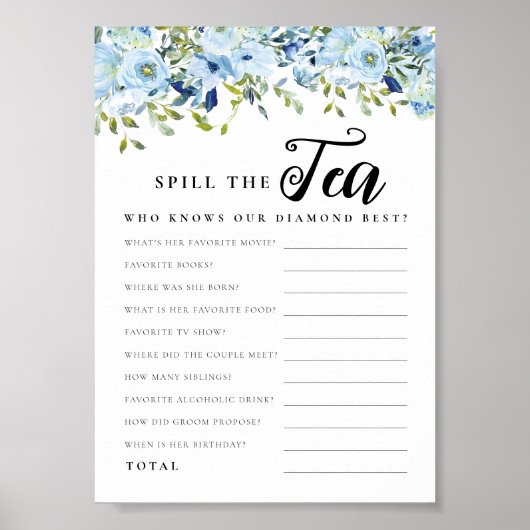 Chic Blue Floral Spill The Tee Brautparty Game Poster (Vorne)
