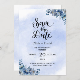 Chic Blue Floral Wedding Save the Date Einladung