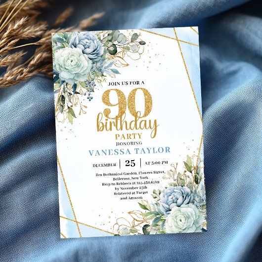 Chic Blue Flowers Gold 90th Birthday Party Invite Einladung