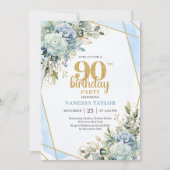Chic Blue Flowers Gold 90th Birthday Party Invite Einladung (Vorderseite)