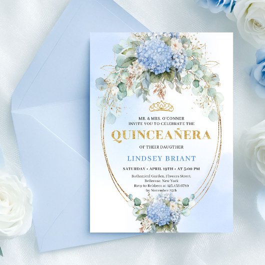 Chic Blue Flowers Greenery Quinceañera Invitation Einladung