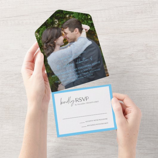 Chic Blue Foto Moderne Hochzeit All In One Einladung (Abreißen)