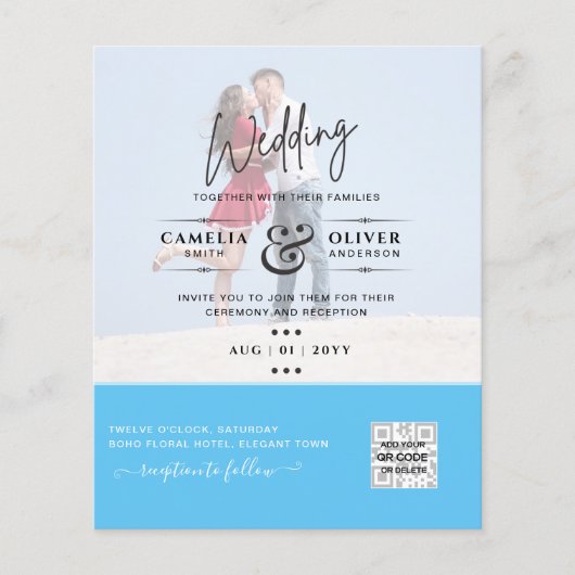 Chic Blue Foto Wedding Invite QR Code Rett Datum (Vorderseite)