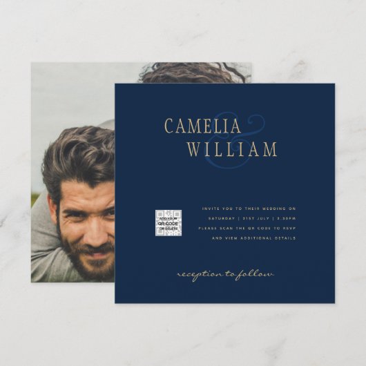 Chic Blue Foto Wedding Invite QR Code Rett Datum Einladung (Vorne/Hinten)