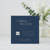 Chic Blue Foto Wedding Invite QR Code Rett Datum Einladung (Stehend Vorderseite)