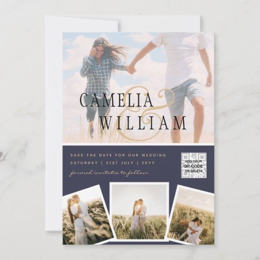 Chic Blue Foto Wedding Invite QR Code Rett Datum  Einladung (Vorderseite)