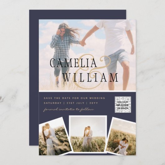 Chic Blue Foto Wedding Invite QR Code Rett Datum  Einladung (Vorne/Hinten)