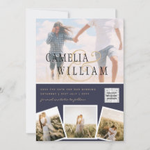 Chic Blue Foto Wedding Invite QR Code Rett Datum 