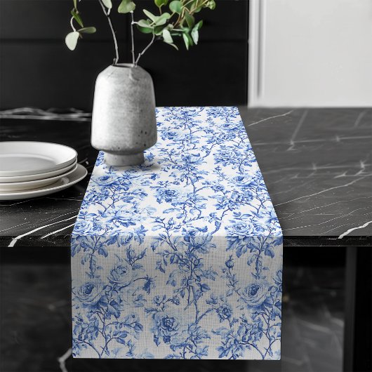 Chic Blue French Toile Roses Floral Table Runner Großer Tischläufer