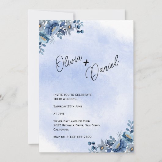 Chic Blue Garden Wedding Einladung (Vorderseite)