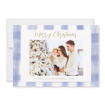 Chic Blue Gingham Plaid Family Christmas Photo