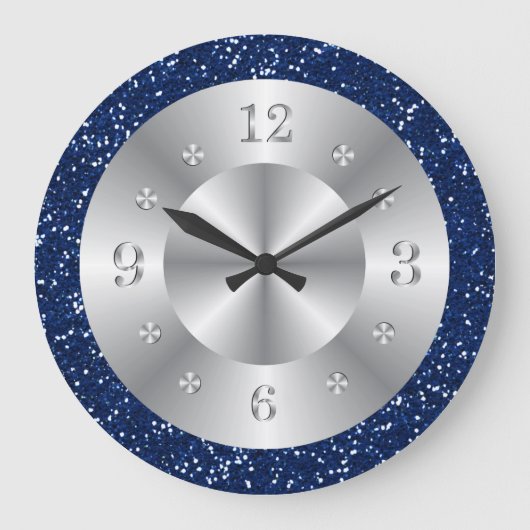 Chic Blue Glitzer Silber Zahlen Große Uhr (Vorderseite)
