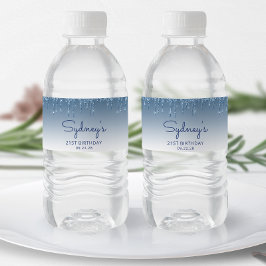 Chic Blue Glitzer Tropfen 21. Geburtstag Party Wasserflaschenetikett