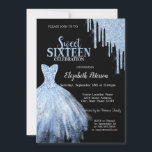 Chic Blue Glitzer Tropfens Blue Dress Black Einladung<br><div class="desc">Elegantes blaues Kleid und blaue Glitzer Tropfen auf schwarzem Hintergrund.</div>