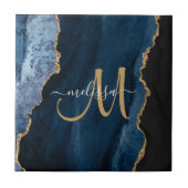 Chic Blue Gold Agate Script Monogram Custom Fliese (Vorderseite)