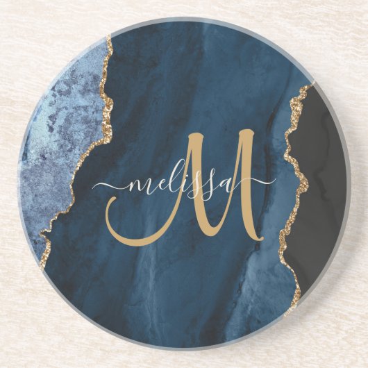 Chic Blue Gold Agate Script Monogram Custom Getränkeuntersetzer (Vorne)