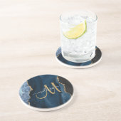 Chic Blue Gold Agate Script Monogram Custom Getränkeuntersetzer (Seite)
