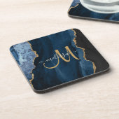 Chic Blue Gold Agate Script Monogram Custom Getränkeuntersetzer (Linke Seite)