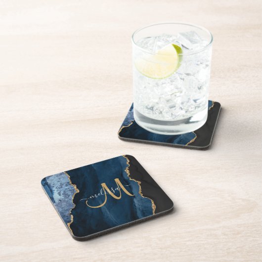 Chic Blue Gold Agate Script Monogram Custom Getränkeuntersetzer (Rechte Seite)