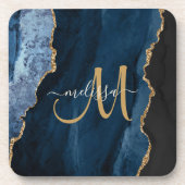 Chic Blue Gold Agate Script Monogram Custom Getränkeuntersetzer (Vorderseite)
