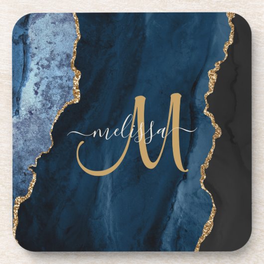 Chic Blue Gold Agate Script Monogram Custom Getränkeuntersetzer (Vorderseite)
