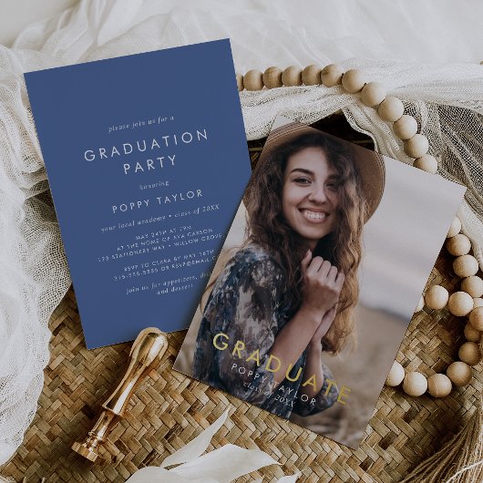 Chic Blue Gold Foil Foto Graduation Party Folieneinladung