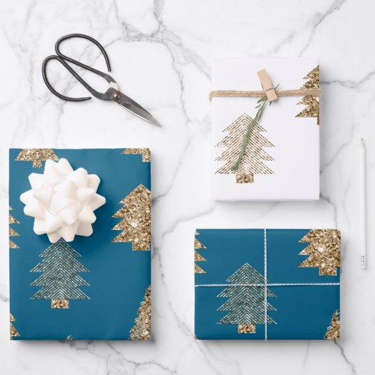 Chic Blue Gold Glitter Glam Christmas Trees Geschenkpapier Set (Vorderseite)