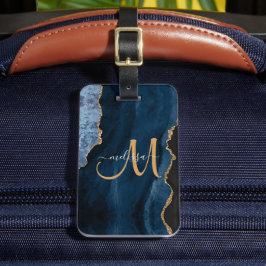 Chic Blue Gold Glitzer Agate Custom Monogram Gepäckanhänger