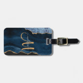 Chic Blue Gold Glitzer Agate Custom Monogram Gepäckanhänger (Vorderseite horizontal)