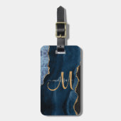 Chic Blue Gold Glitzer Agate Custom Monogram Gepäckanhänger (Vorderseite vertikal)