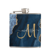 Chic Blue Gold Glitzer Agate Monogram Name Flachmann (Vorderseite)