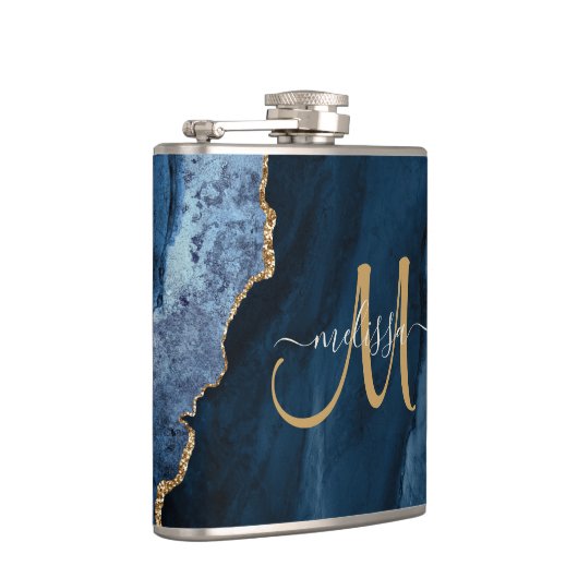 Chic Blue Gold Glitzer Agate Monogram Name Flachmann (Rechts)