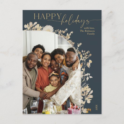 Chic Blue Gold Happy Holidays Foto Postkarte (Vorderseite)