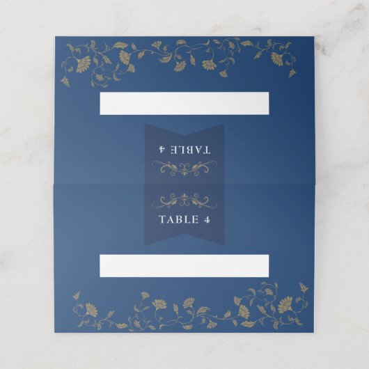 Chic Blue Gold Library Chapter Hochzeit Platzkarte (Außenseite Aufgefaltet)