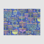 Chic Blue Gold Menorah Star von David Hanukkah Seidenpapier<br><div class="desc">Dieses Taschentuch-Papier mit einem schicken Muster aus Gold,  Grün und lila Menorah und Goldstar von David auf einem blauen Hintergrund.  Entworfen von dem weltbekannten Künstler Tim Coffey.</div>